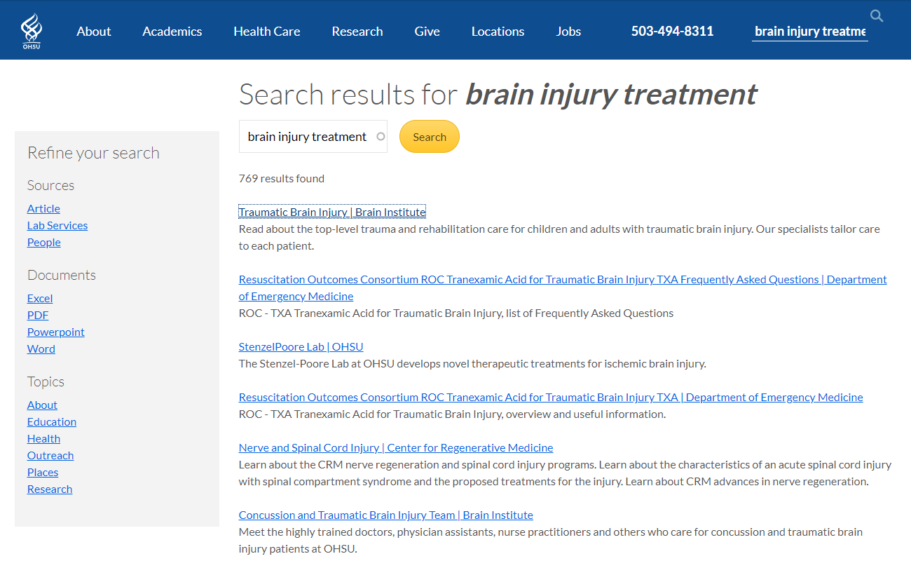 The search results page with a list of results for the search brain injury treatment and the Traumatics Brain Injury page as the top result
